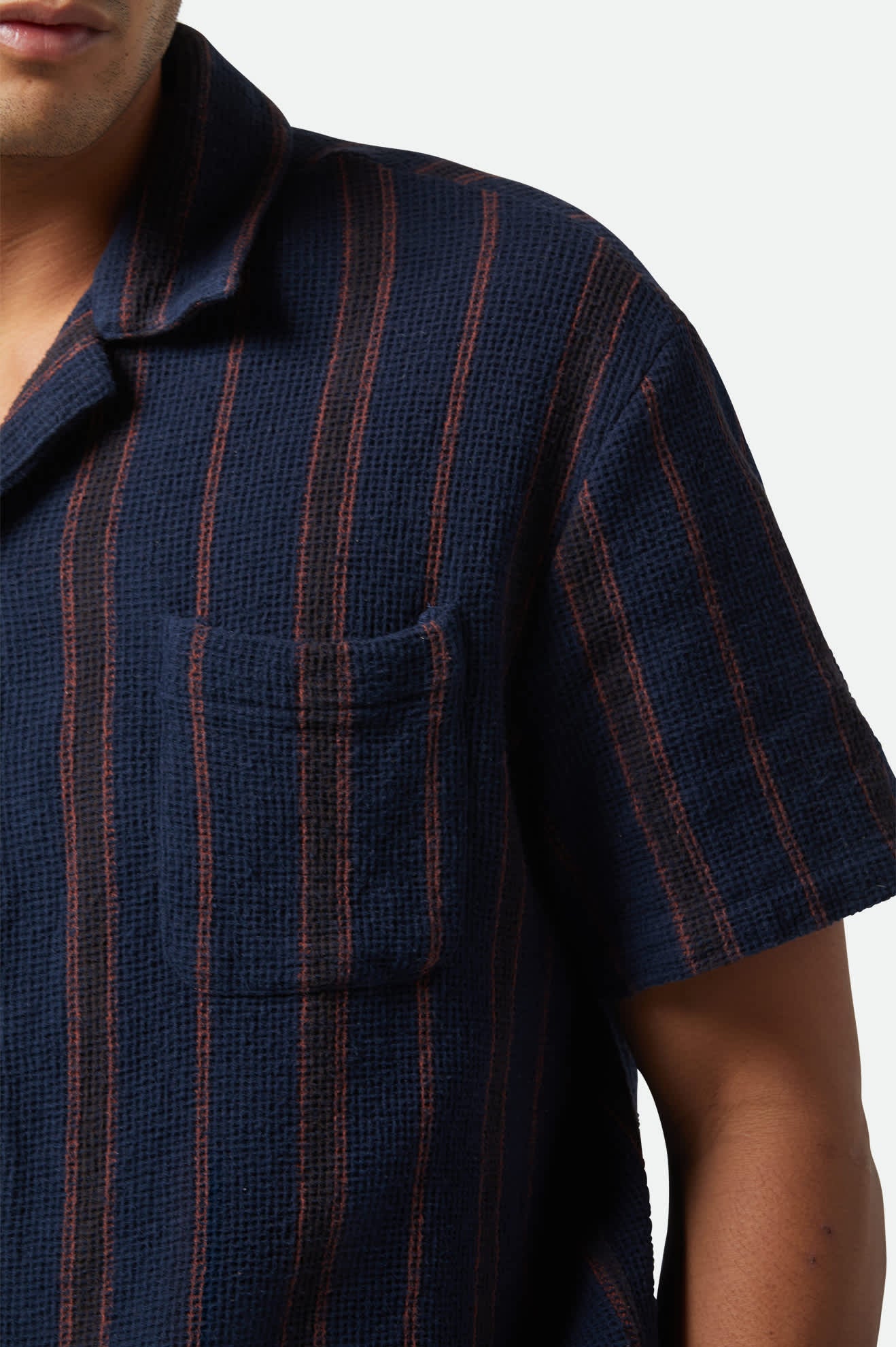 
       Men&#39;s Bunker Waffle Stripe S/S Camp Collar Shirt in the color Washed Navy Stripe - Additional Fit View
     