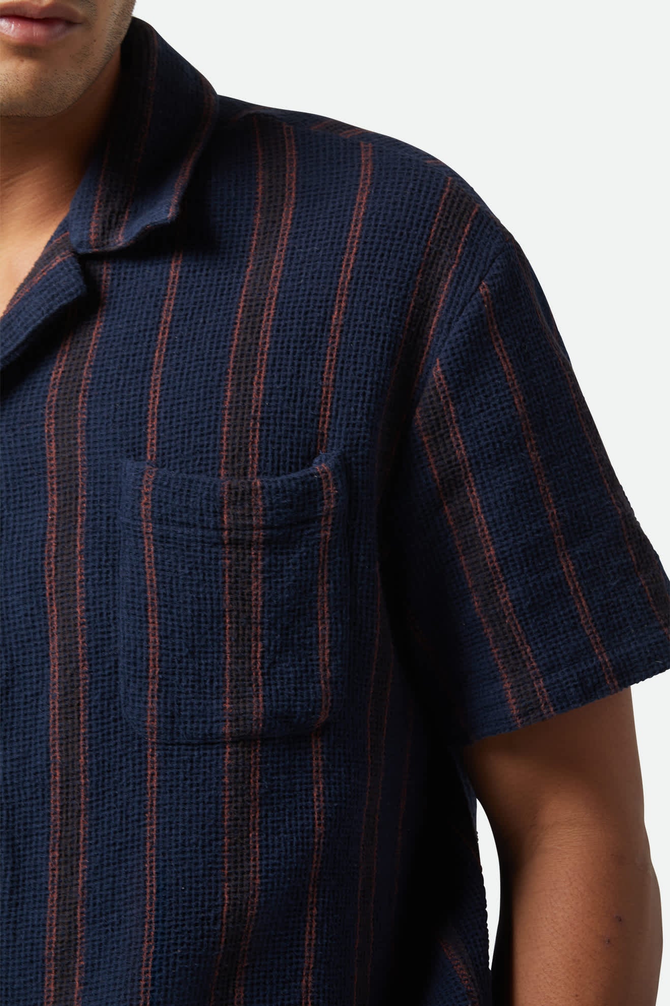 Men's Bunker Waffle Stripe S/S Camp Collar Shirt in the color Washed Navy Stripe - Additional Fit View