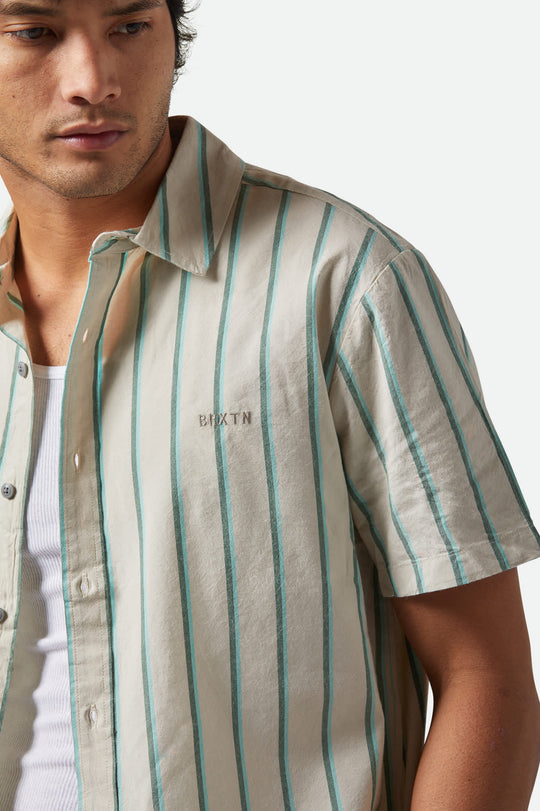 
       Men&#39;s CRU Stripe Relaxed S/S Shirt in the color Beige/Pine Needle/Aquatic Green - Additional Fit View
     