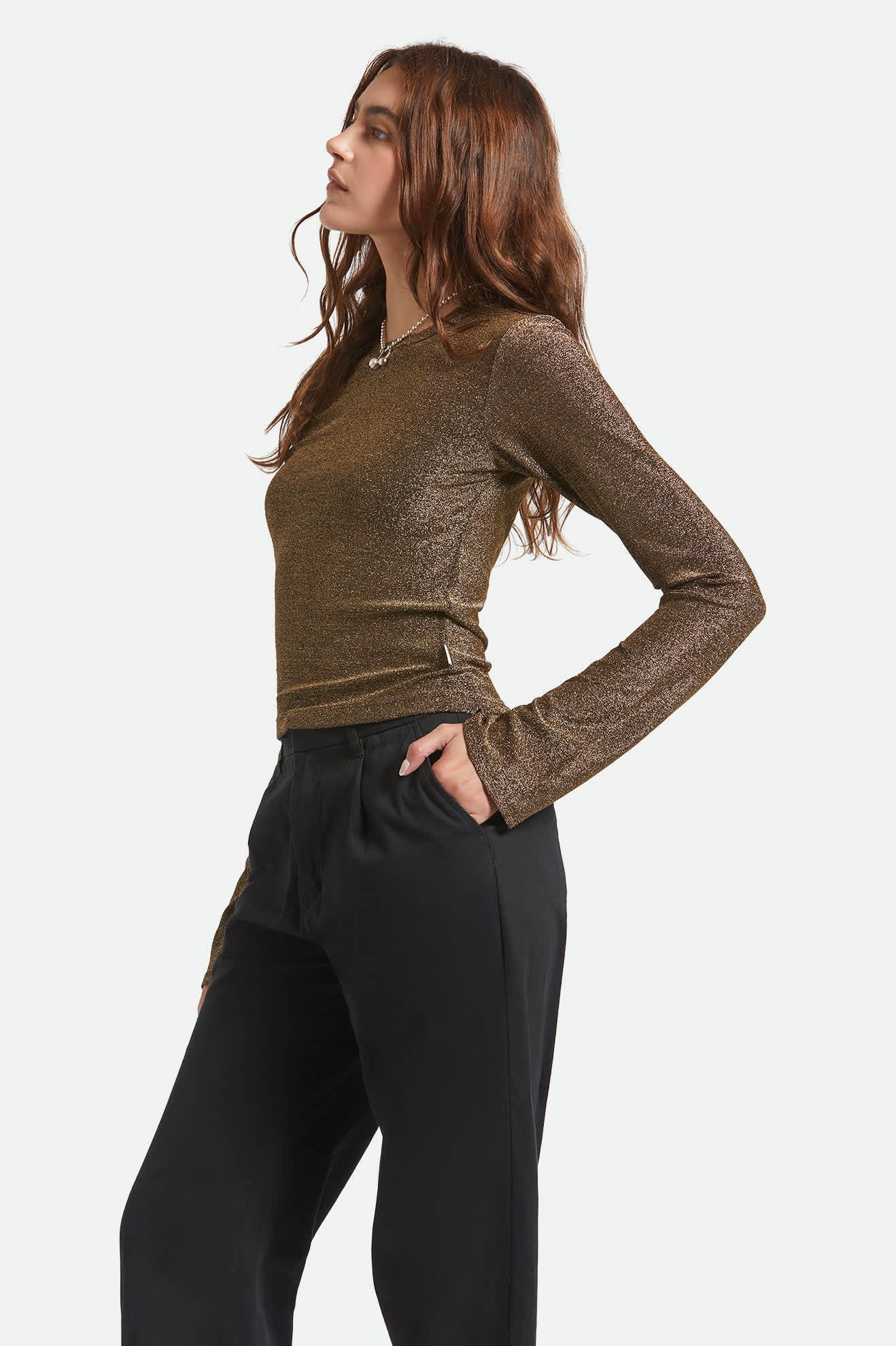 Women's Dolly Slim L/S Knit T-Shirt in the color Gold Metallic - Women's Side View