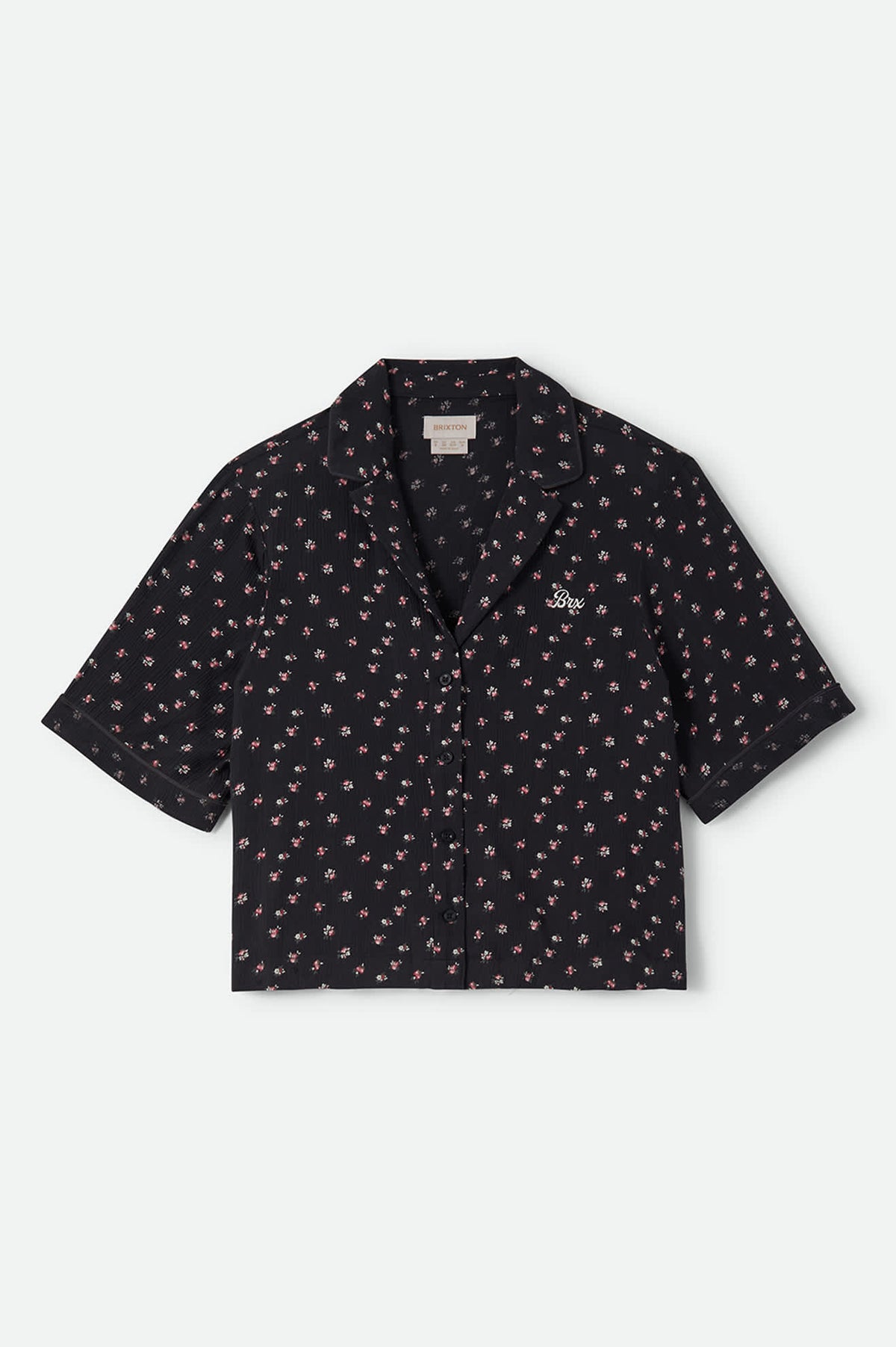 Women's Silky Bowling Button Down Shirt in the color Black Ditsy Floral - Front Product View
