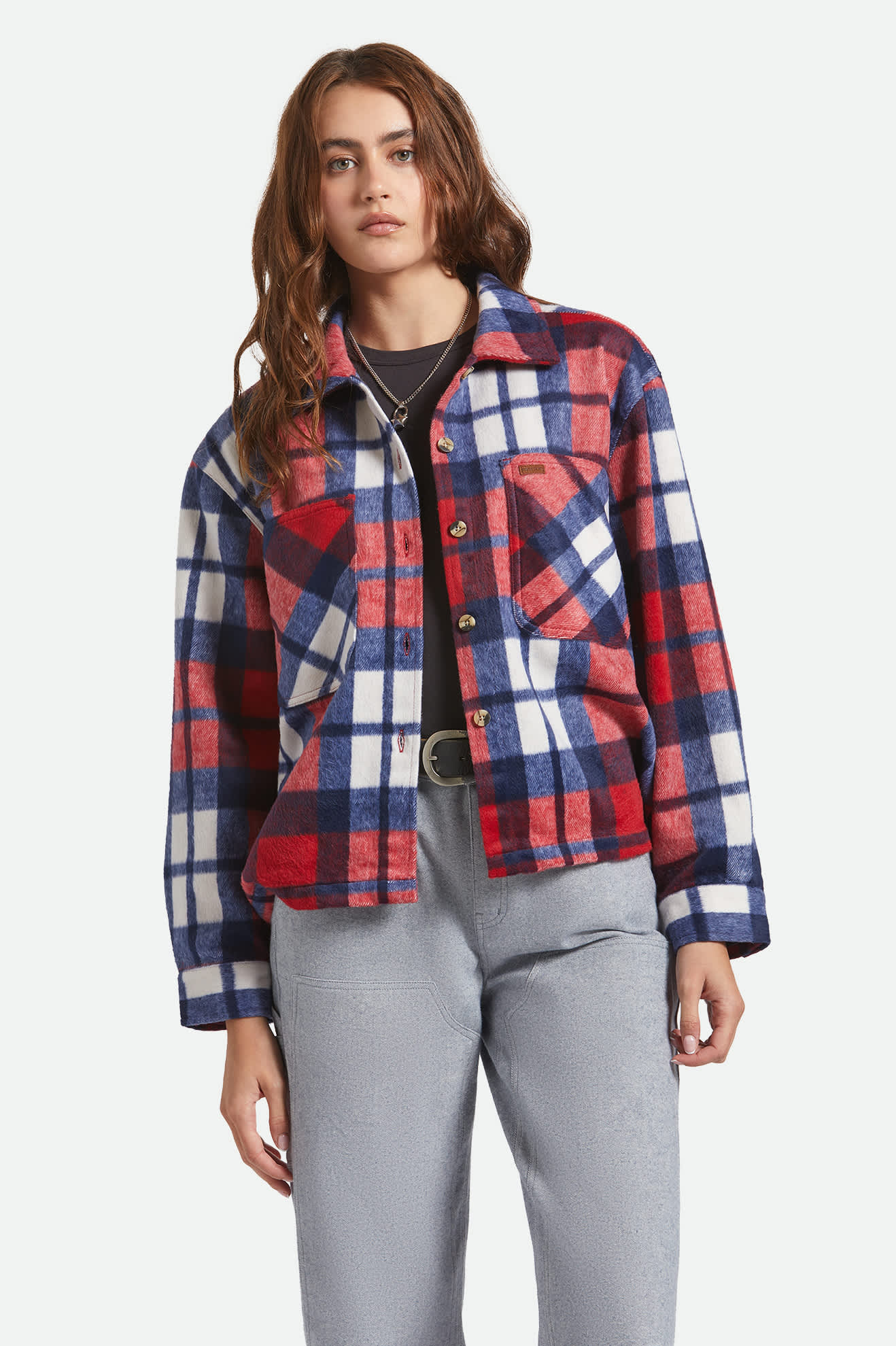 Women's Bowery Women's Soft Brushed Flannel in the color Adrenaline Rush/Navy - Women's Front View