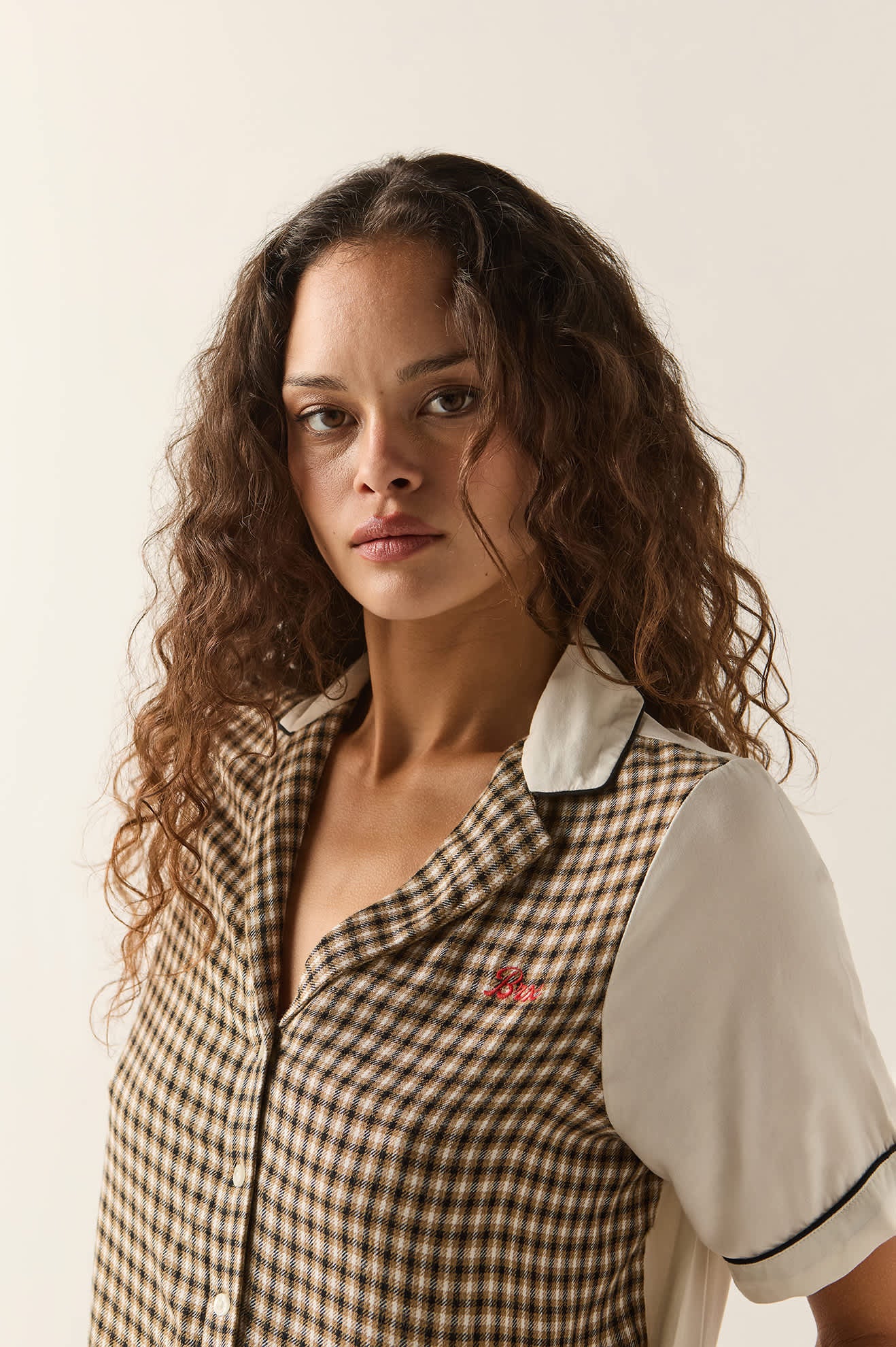 Women's Silky Bowling Button Down Shirt in the color Khaki/Off White/Black Micro - Women's Side View