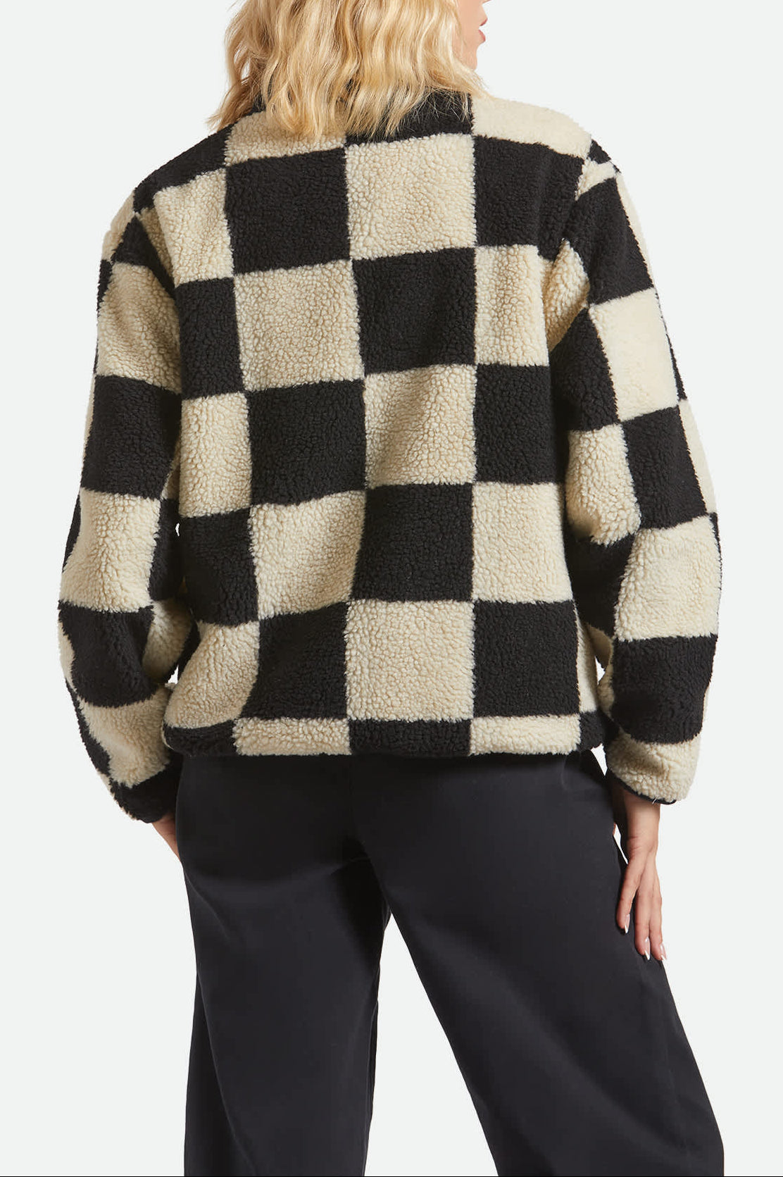 Women's Delilah Sherpa Jacket in the color Black/Natural Finish Line Checker - Women's Back View