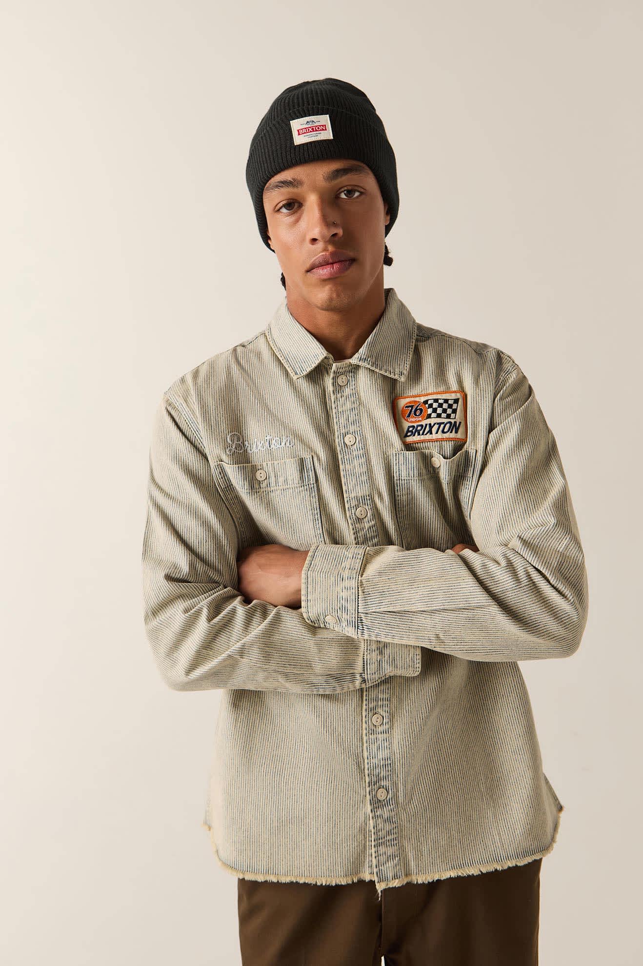 Men's 76 Mechanics Shirt in the color Navy/Off White Hickory Stripe - Additional Fit image