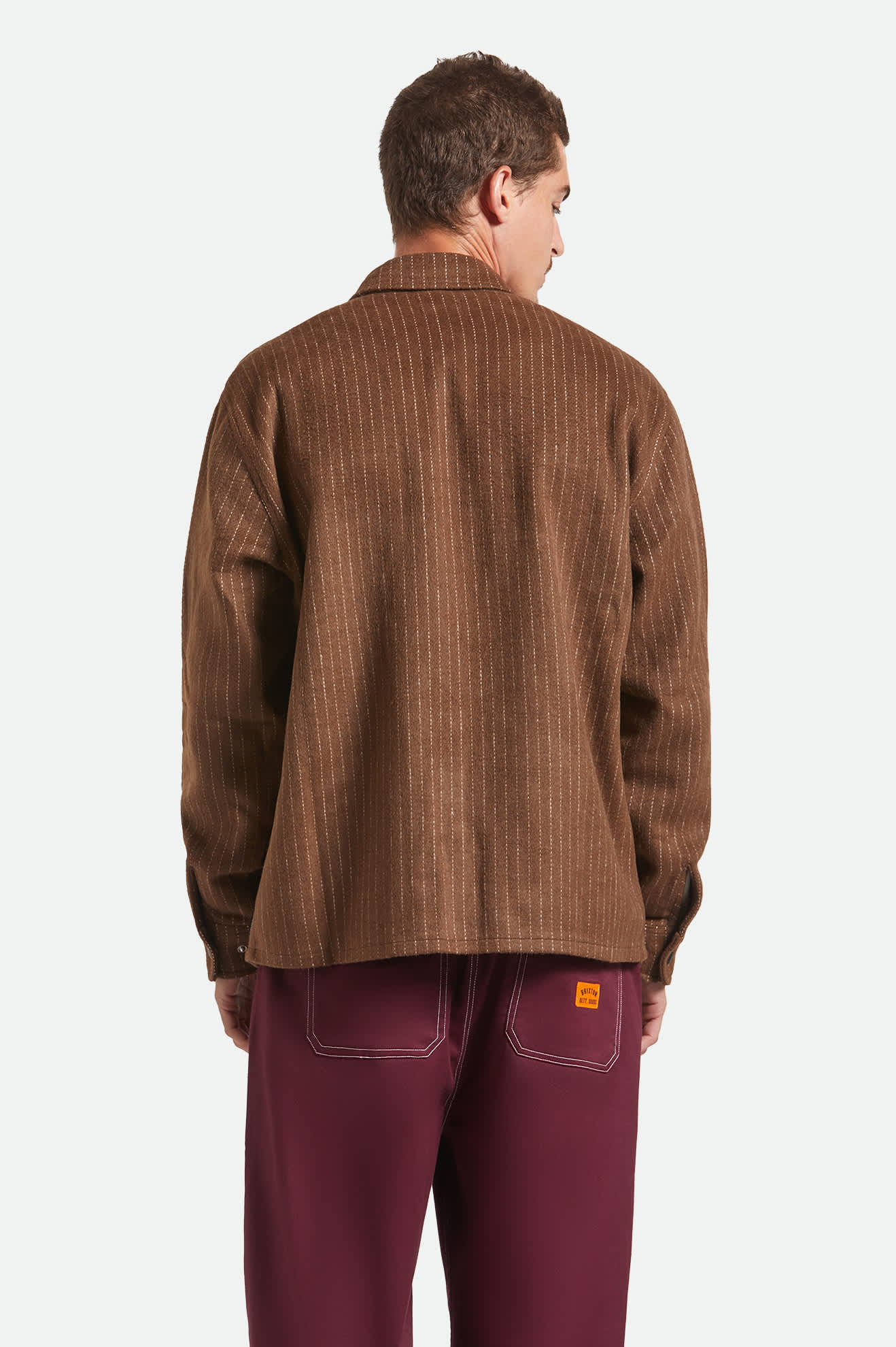 Men's Selden Soft Brushed Flannel in the color Pinecone Brown Pinestripe - Men's Side View