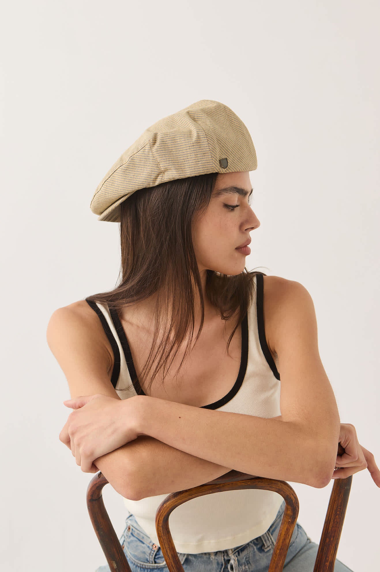 Unisex Hooligan Flat Cap in the color Khaki Stripe/Washed Black - Women's Back View