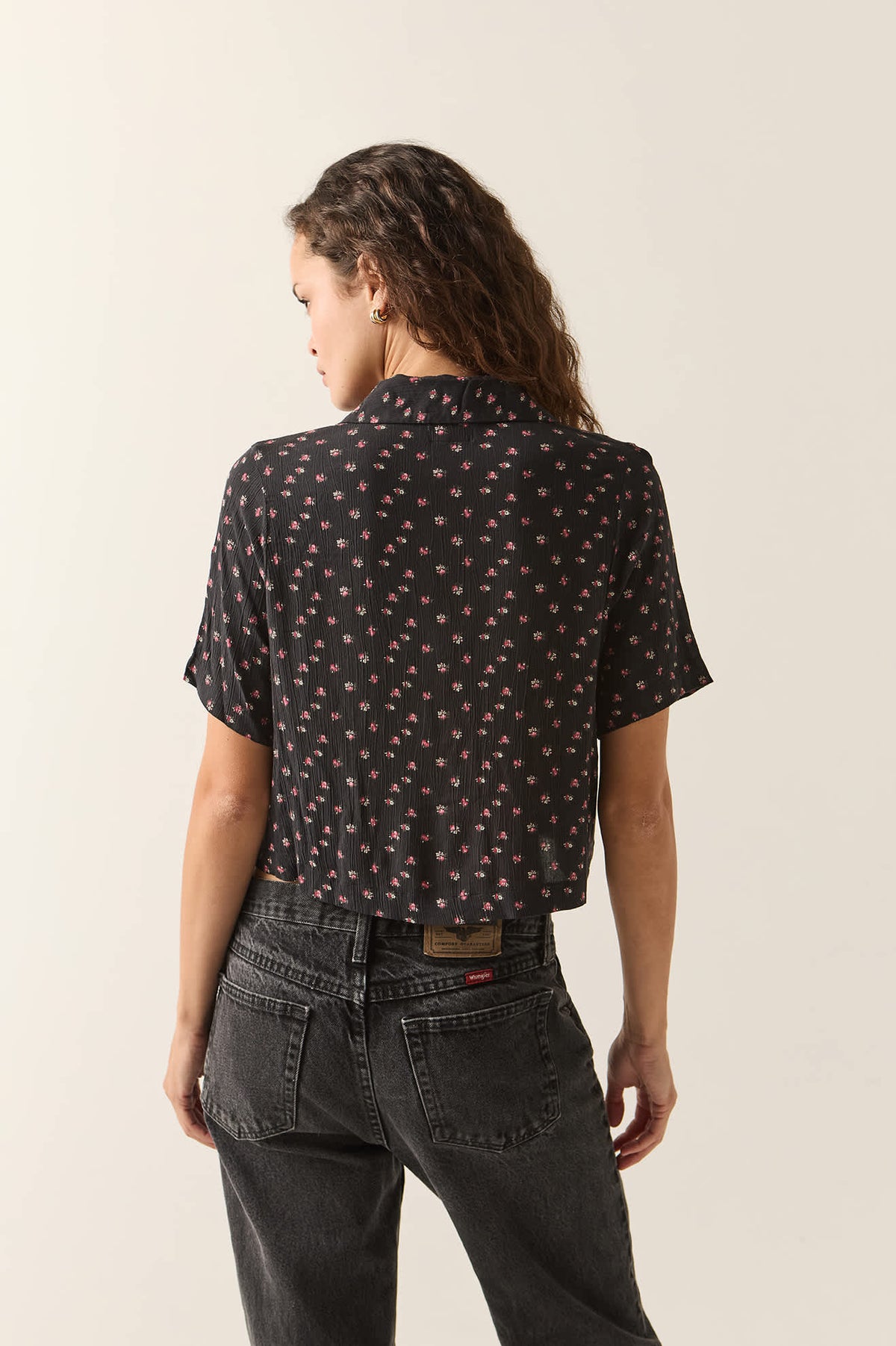 Women's Silky Bowling Button Down Shirt in the color Black Ditsy Floral - Women's Back View