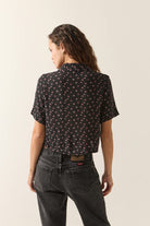 Women's Silky Bowling Button Down Shirt in the color Black Ditsy Floral - Women's Back View
