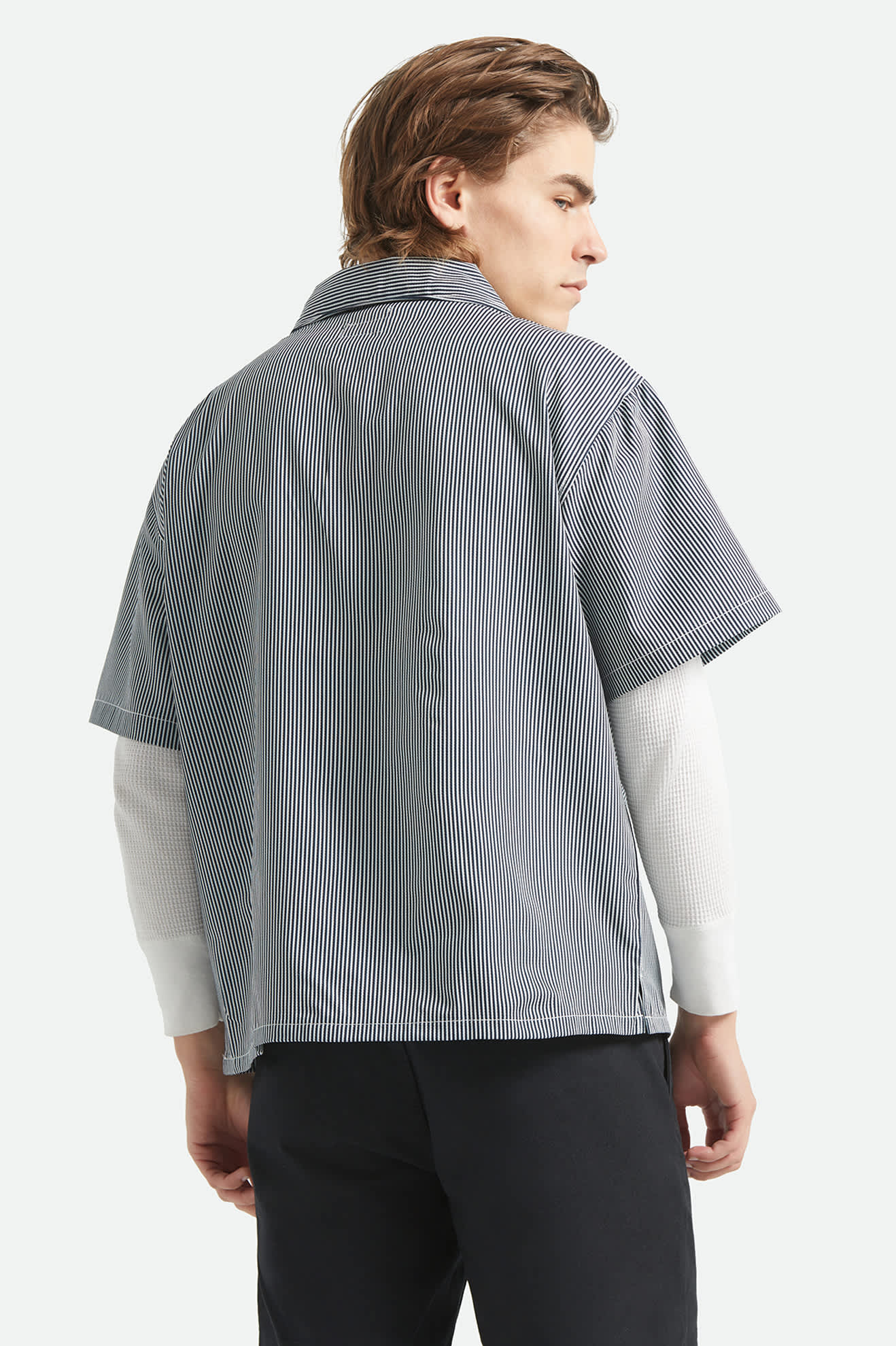 Men's Journey Lightweight 1/2 Zip Cropped Short Sleeve Shirt in the color Navy/White Stripe - Men's Back View