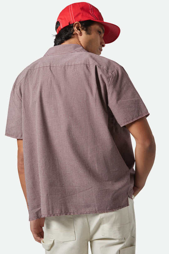 
       Men&#39;s CRU Micro Plaid Relaxed S/S Shirt in the color Cordovan Red Micro Plaid - Men&#39;s Back View
     