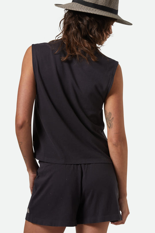 
       Women&#39;s Carefree Organic Garment Dye Muscle Tank in the color Black - Women&#39;s Back View
     