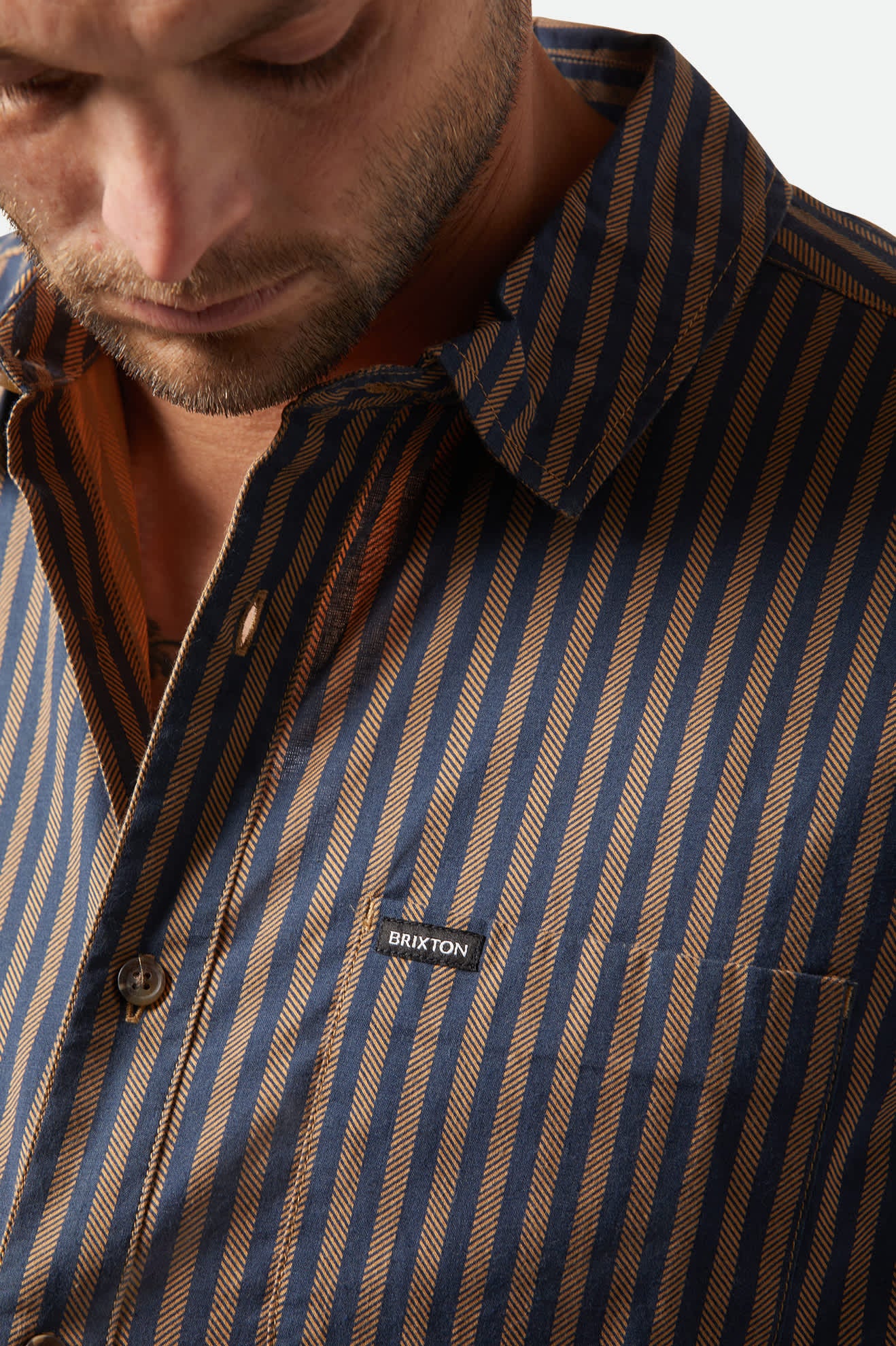 Men's Charter Print S/S Shirt in the color Washed Blue/Sunnaked  Stripe - Additional Fit image