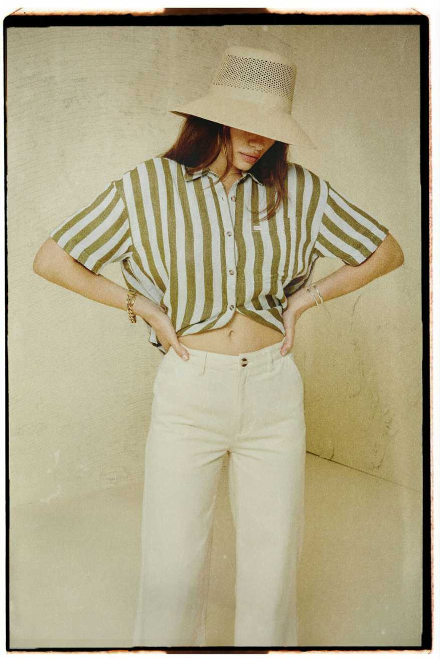 
       Brixton Mykonos Stripe Boyfriend S/S Woven Shirt - Military Olive
     