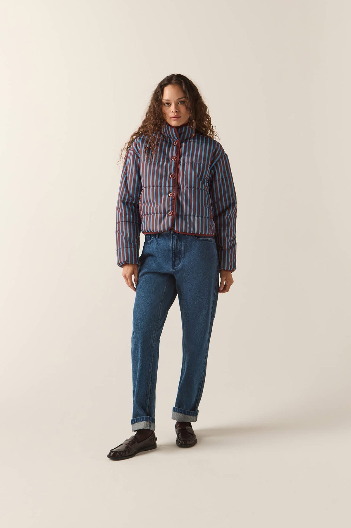 Women's Delilah Mock Neck Jacket in the color Dark Brick/Electric Indigo Stripe - Women's Front View