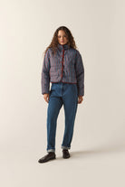 Women's Delilah Mock Neck Jacket in the color Dark Brick/Electric Indigo Stripe - Women's Front View