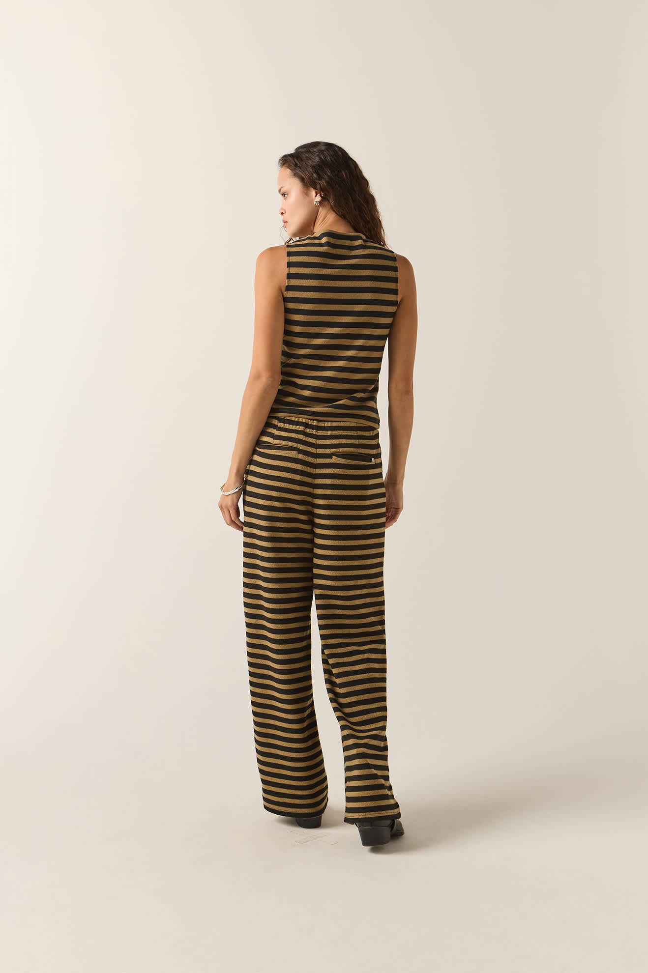 Women's The Audrey Knit Trouser Pant in the color Washed Black/Khaki Stripe - Women's Back View