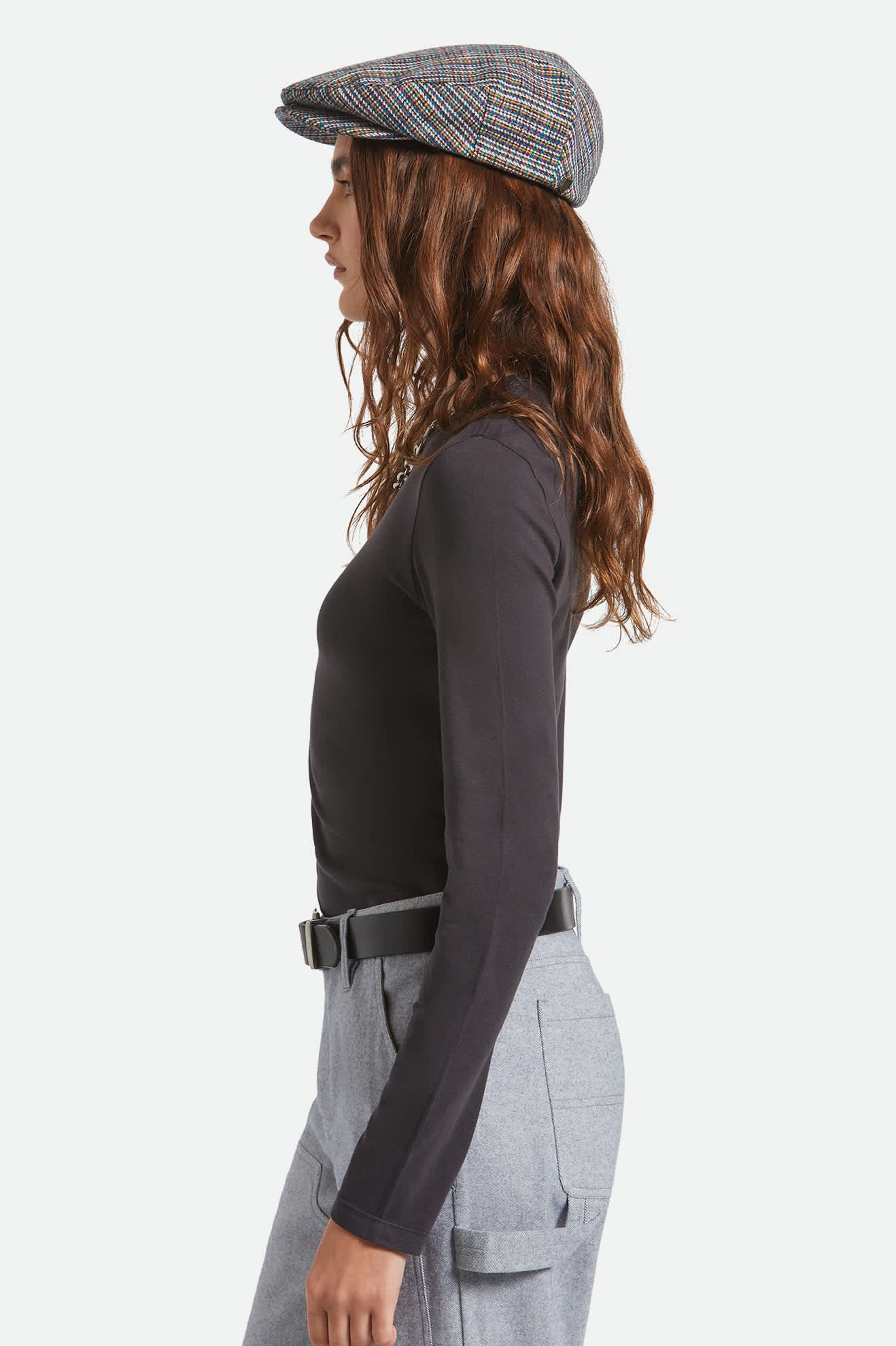 Unisex Hooligan Flat Cap in the color Multi Plaid - Women's Side View