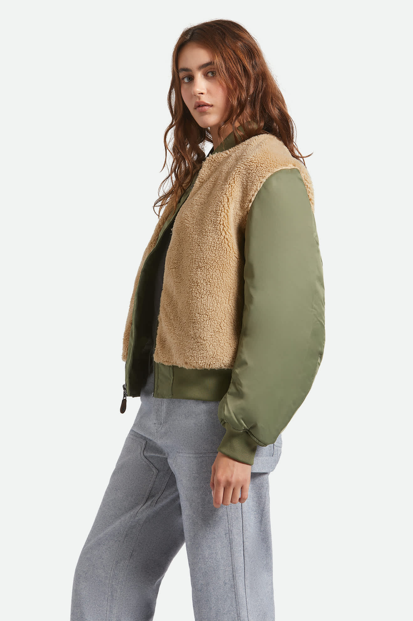 Women's Sherpa Surplus Bomber Jacket in the color Olive Surplus - Women's Side View