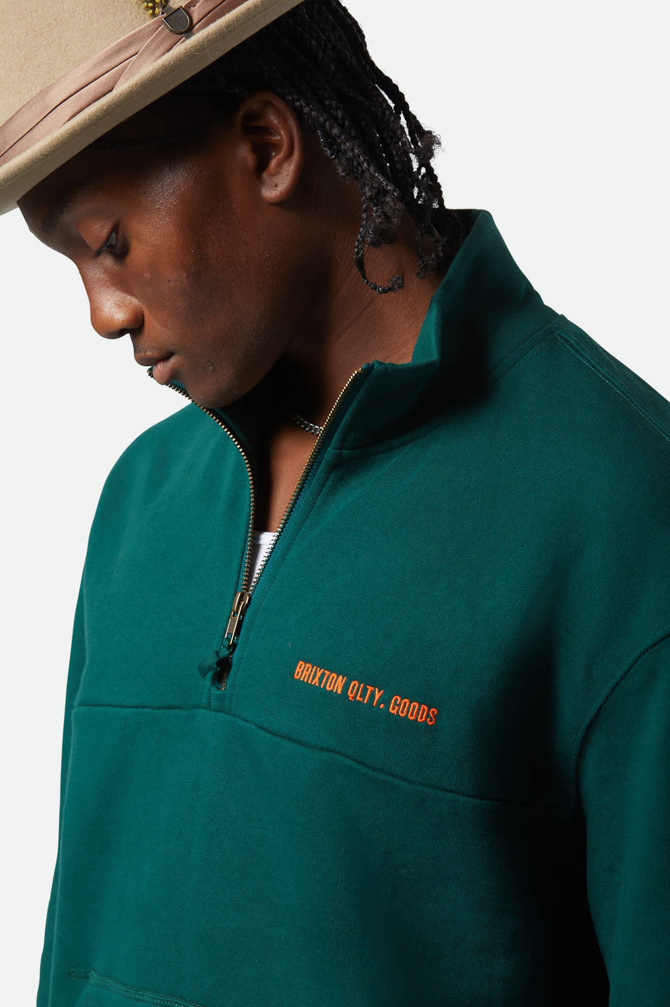 
       Men&#39;s Embroidered Heavyweight Oversized Half Zip in the color Deep Emerald - Additional Fit View
     