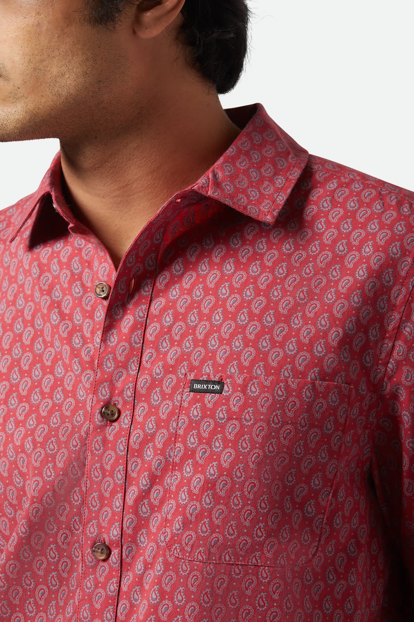 
       Men&#39;s Charter Print S/S Shirt in the color Rust Red/Paisley - Additional Fit View
     