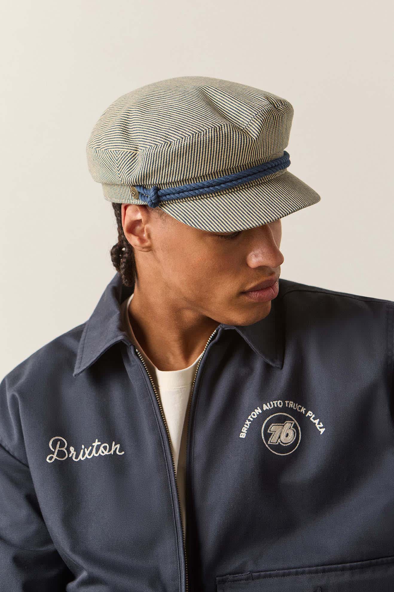 Unisex 76 Fiddler Fisherman Cap in the color Navy/Off White Hickory Stripe - Men's Side View