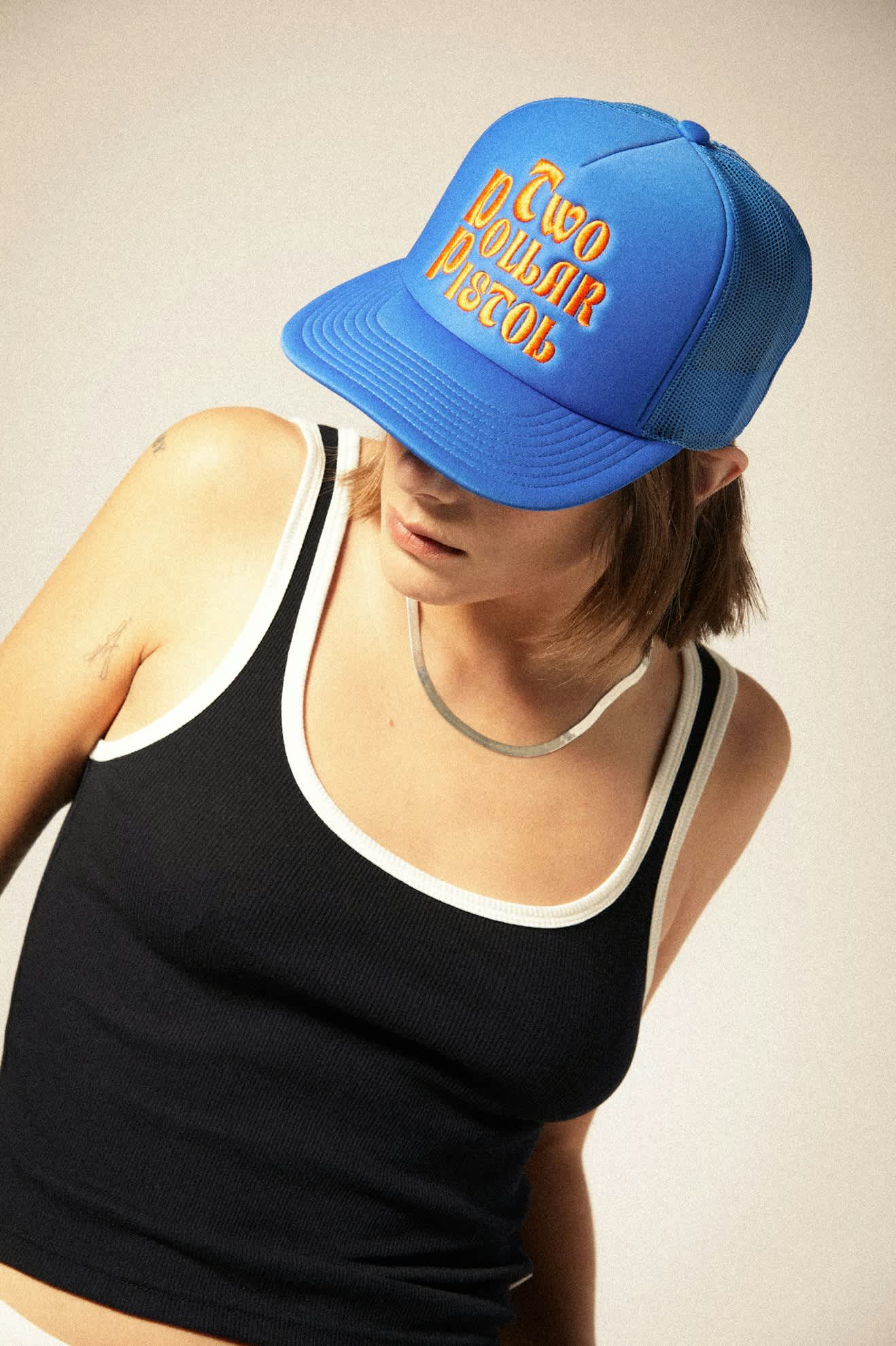 
       Women&#39;s Two Dollar Pistol Netplus Trucker Hat in the color Electric Blue/Electric Blue - Women&#39;s Front View
     