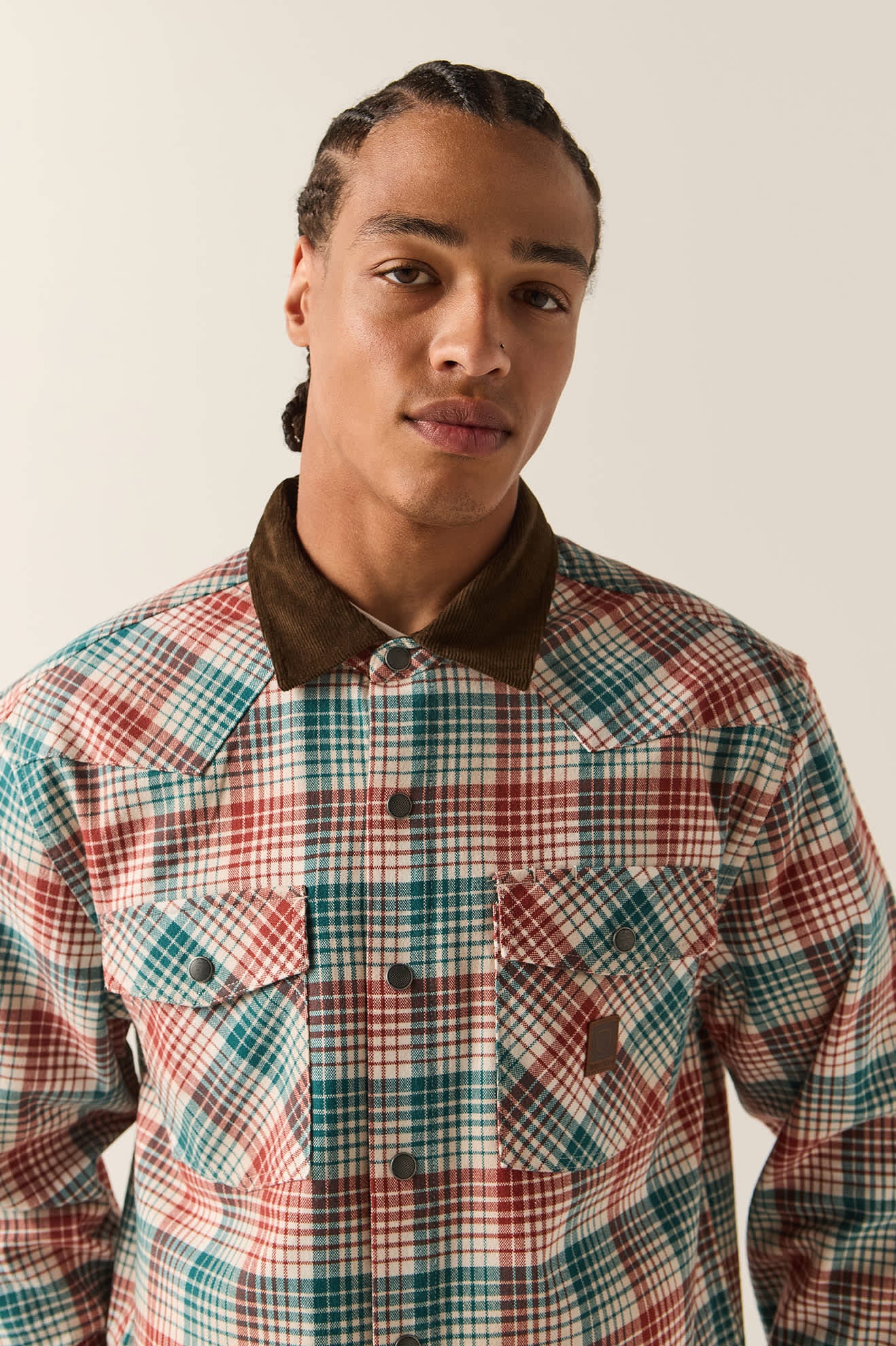 Men's Bowery Builders Ranch Performance Flannel in the color Ultra Marine/Dark Brick - Additional Fit image