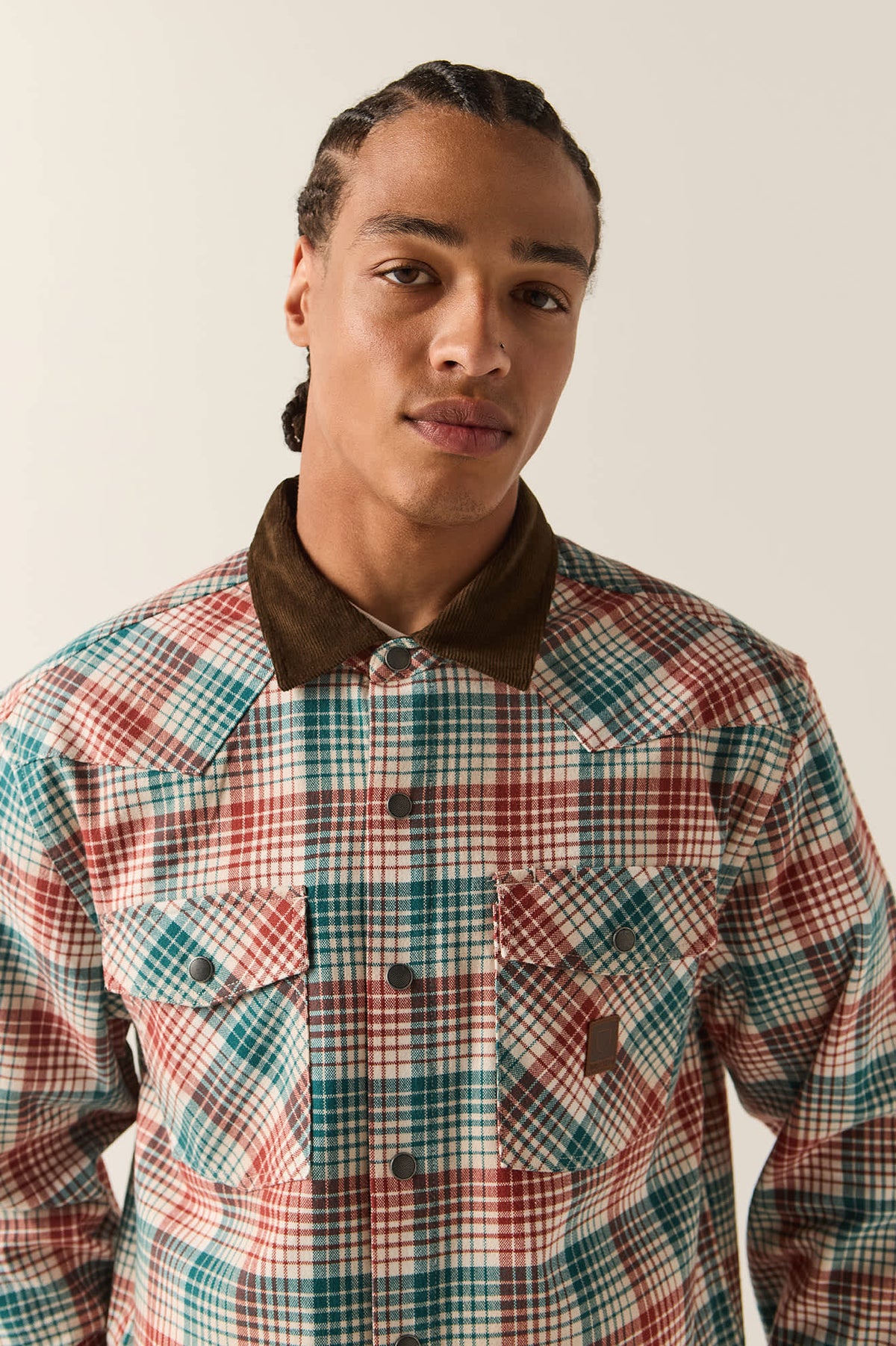Men's Bowery Builders Ranch Performance Flannel in the color Ultra Marine/Dark Brick - Additional Fit image