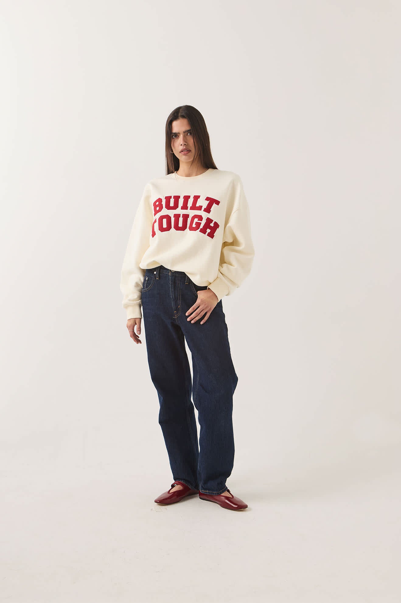 Women's Ford Built Tough Crew Fleece in the color Wimbledon White - Women's Front View