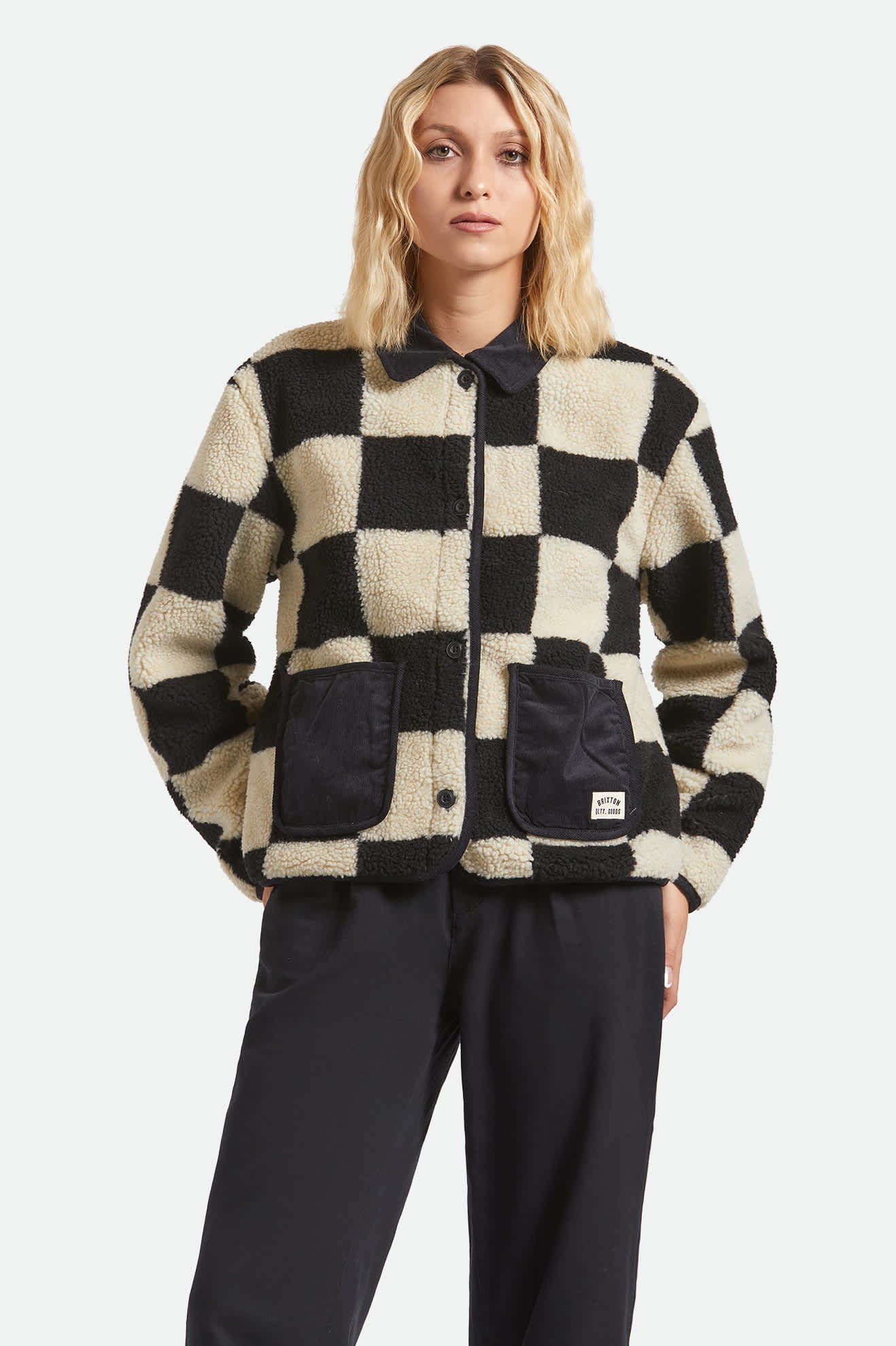 Women's Delilah Sherpa Jacket in the color Black/Natural Finish Line Checker - Women's Front View
