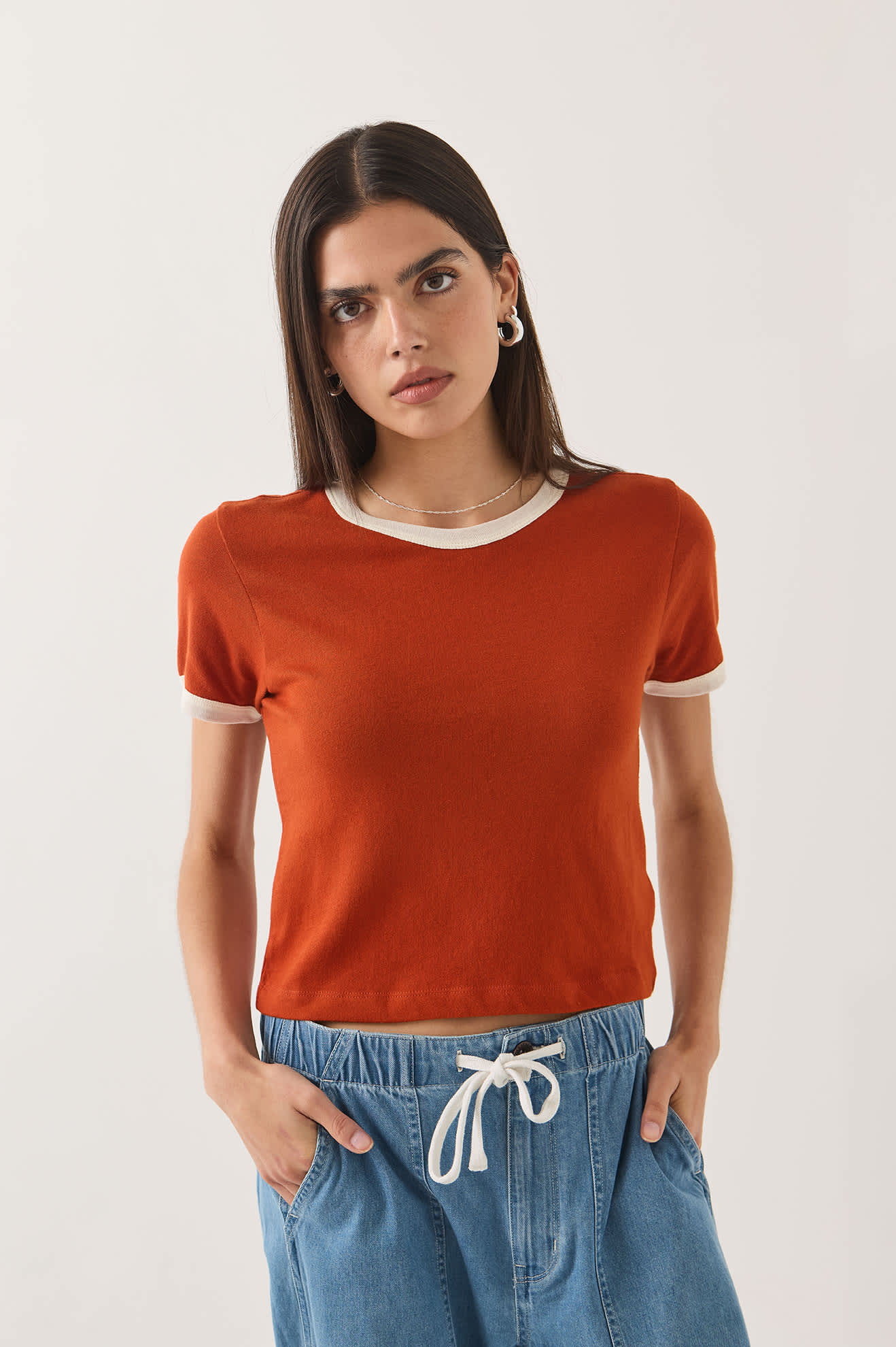 Women's Carefree Organic Garment Dye Ringer T-Shirt in the color Rust/Off White - Additional Fit image