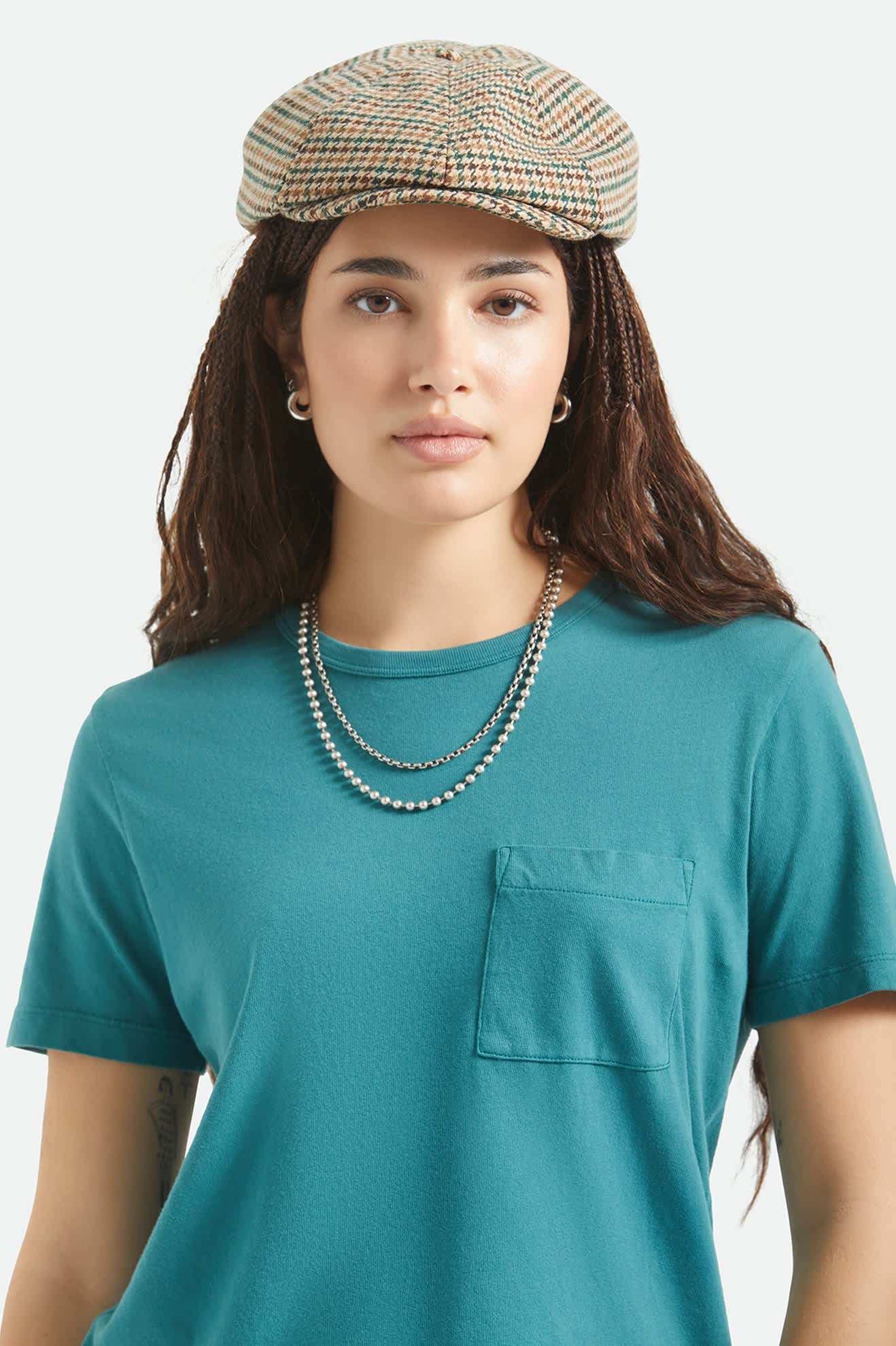 Unisex Brood Newsboy Cap in the color Dusted Ochre/Khaki/Verdant Green - Women's Front View